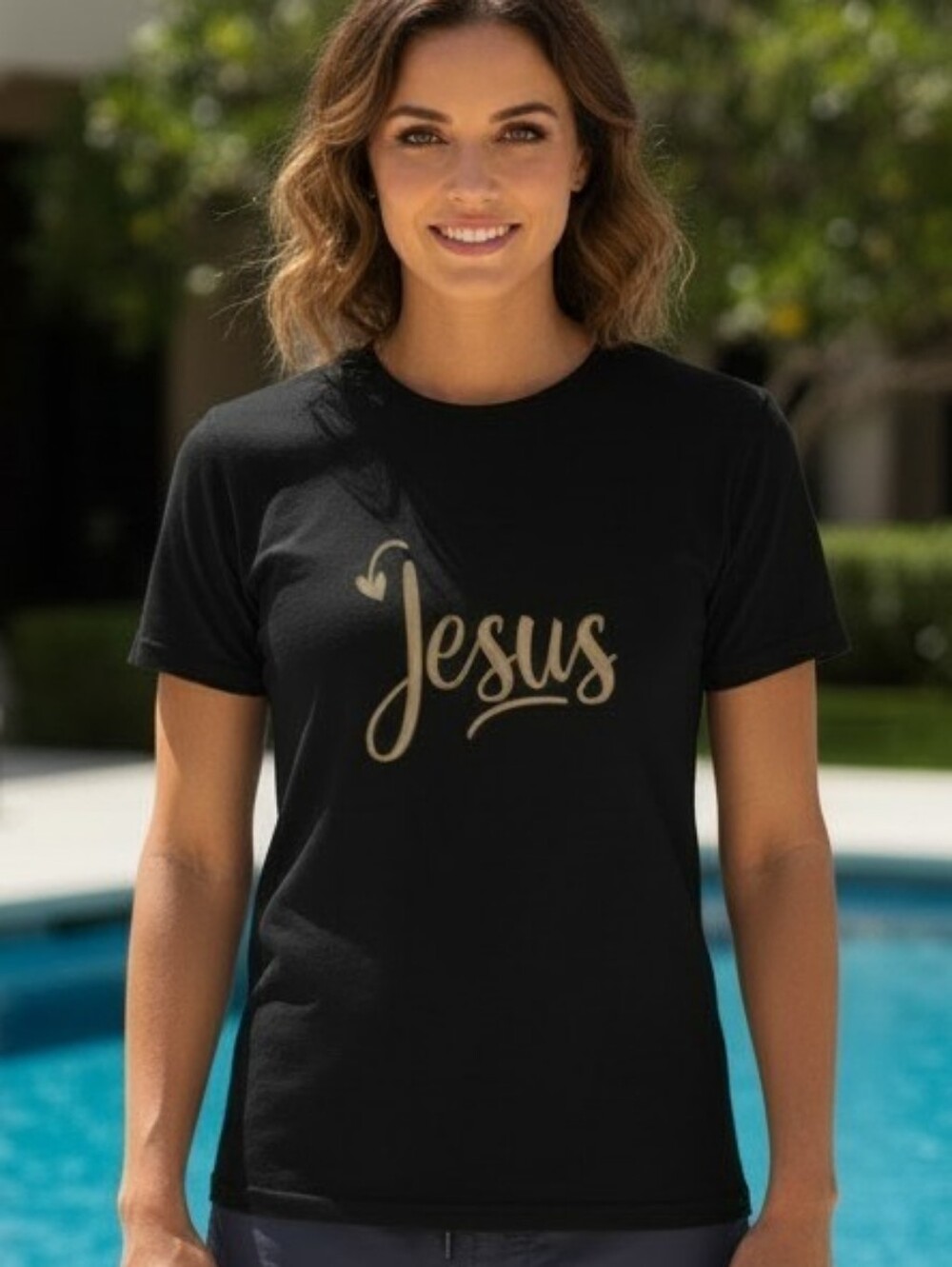Access -Ladies Black Graphic Designed Short Sleeve Tee Shirt. Jesus across front - Picture 1 of 10